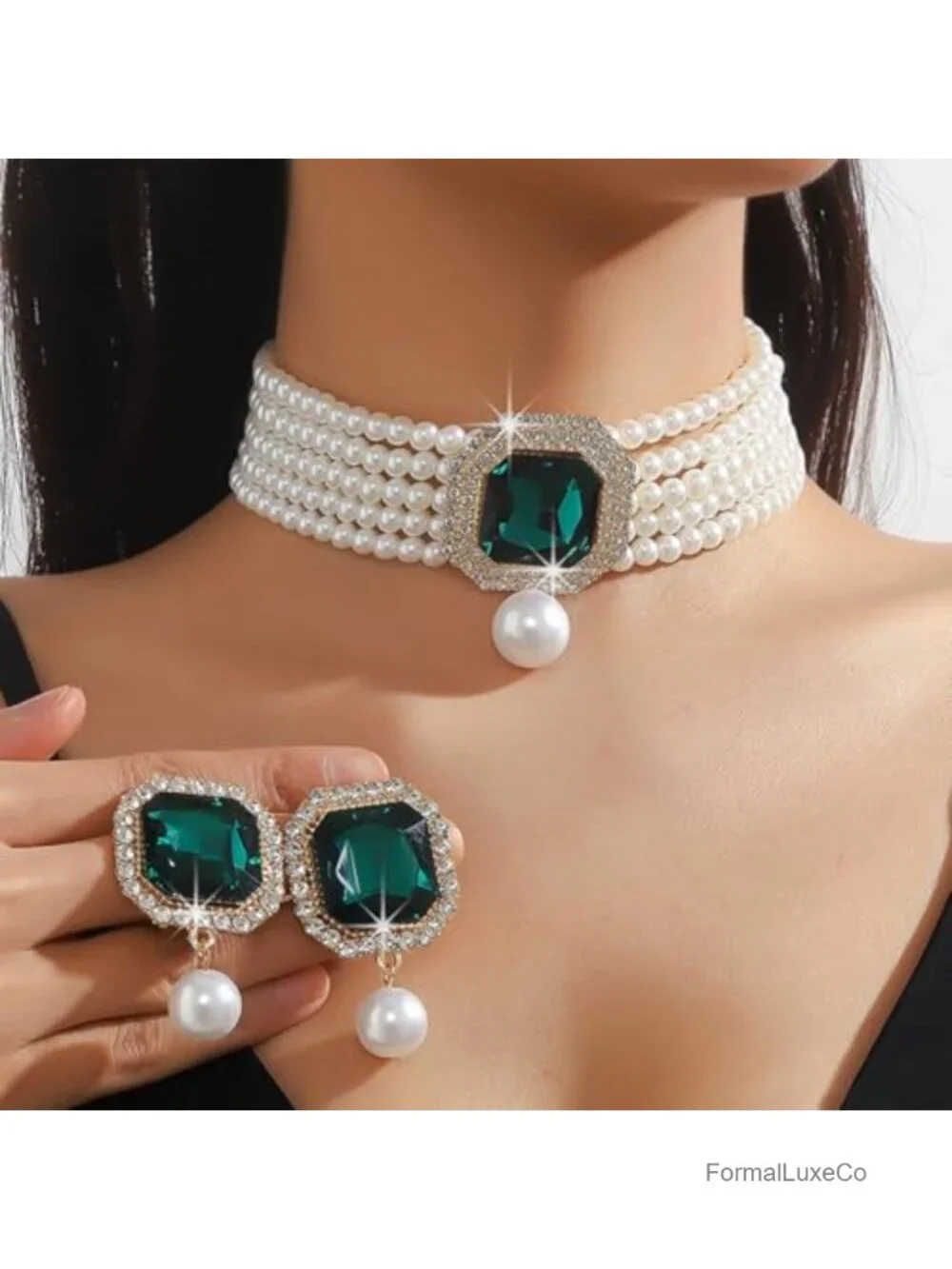 Simulated Pearl Choker Necklace and Earrings Set Rhinestone Crystal Gold-tone